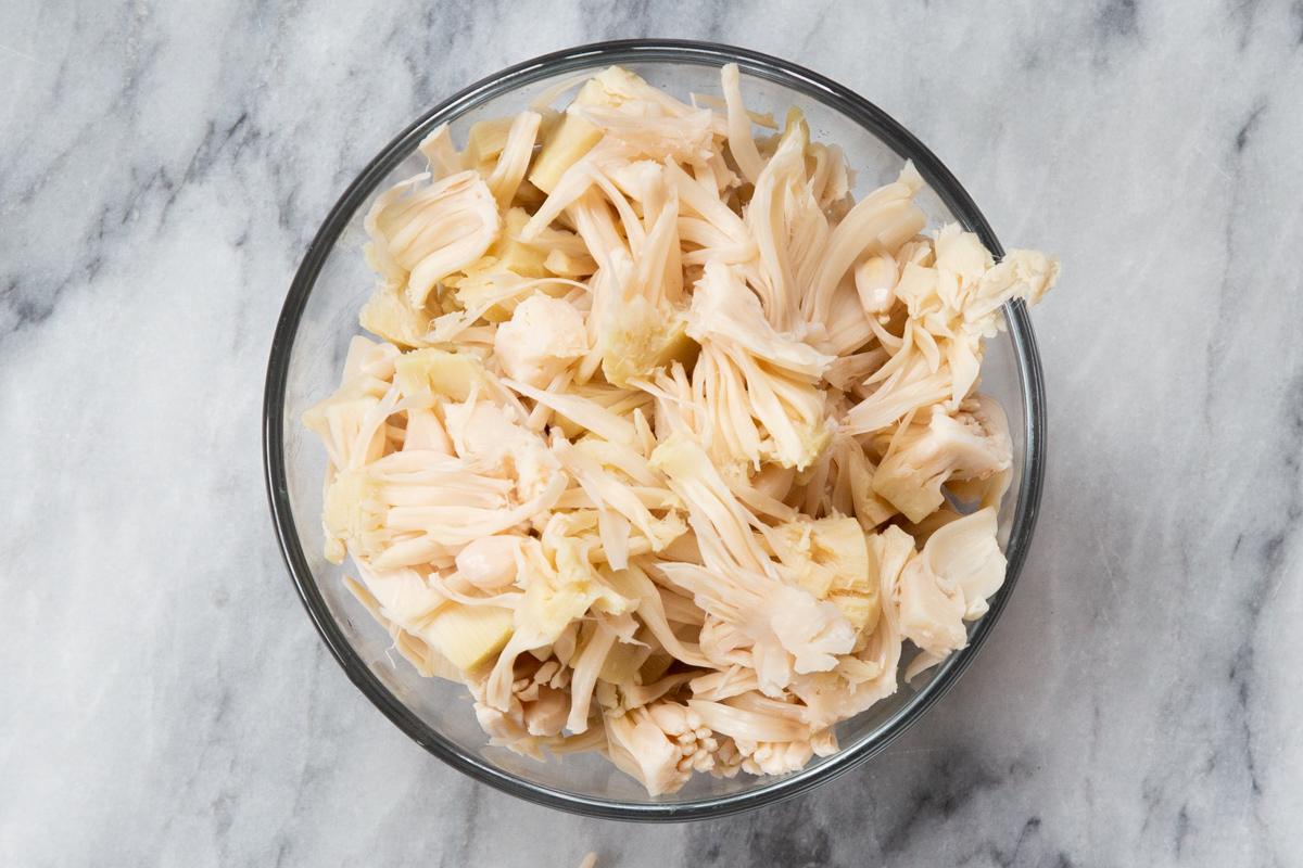 shredded jackfruit in a small glass bowl