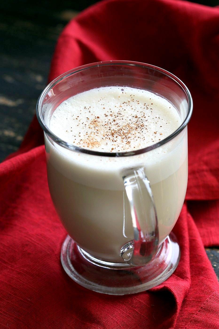 Easy Vegan Eggnog with eggy chickpea flour custard , almond milk, nutmeg, cloves and cinnamon. Make Golden Eggnog with Turmeric or add Cardamom for Chai spice. | VeganRicha.com