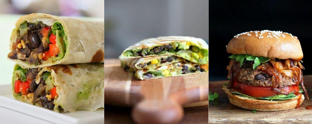 a picture collage with vegan black bean meals perfect for quarantine cooking