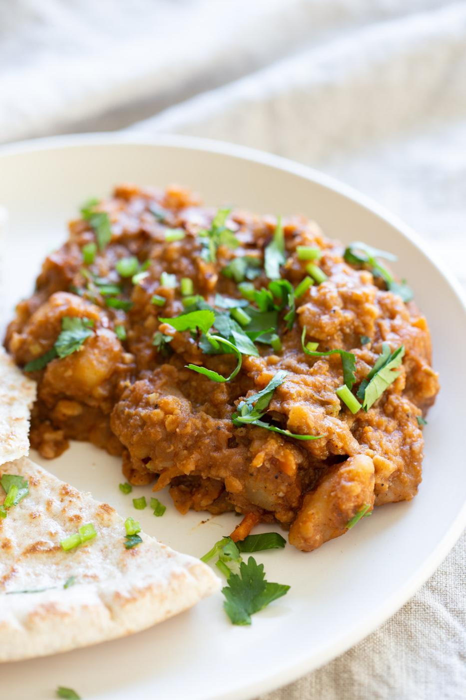 Vegan Keema Madras on a white plate