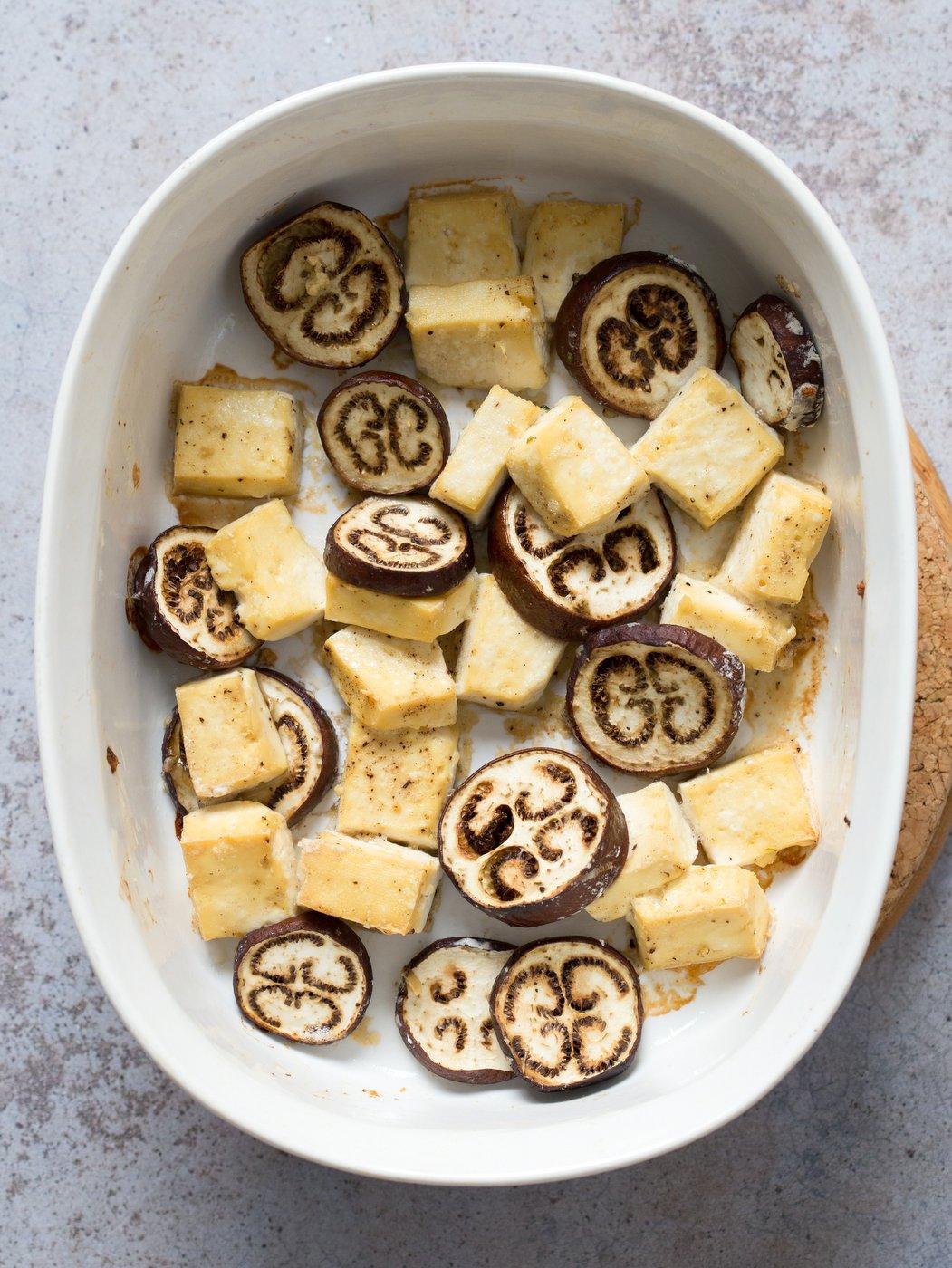 Eggplant & Tofu in Soy Lime Sauce - Baked Eggplant stir fry. Easy 1 Pot meal. Add other veggies of choice. #Vegan #Glutenfree #Nutfree #veganricha #Recipe | VeganRicha.com