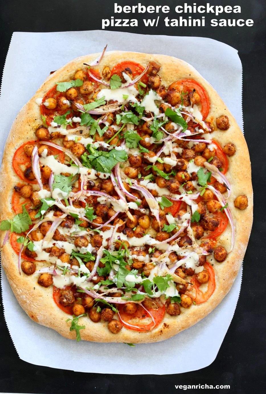 Ethiopian Berbere Chickpea Pizza with Tahini Garlic Dressing