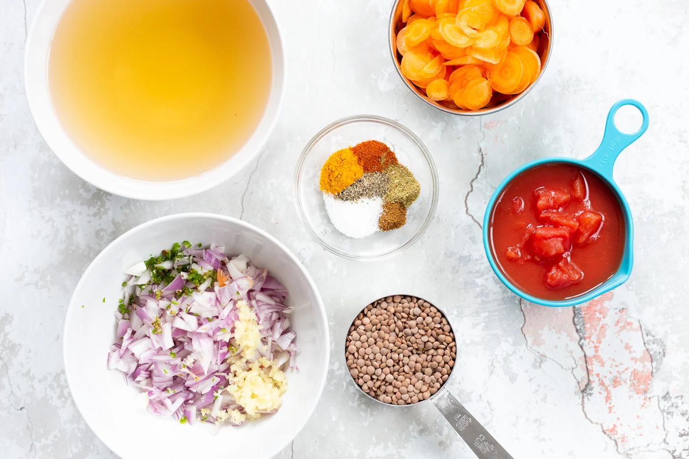 Ingredients in bowls for Our Vegan Lentil Soup