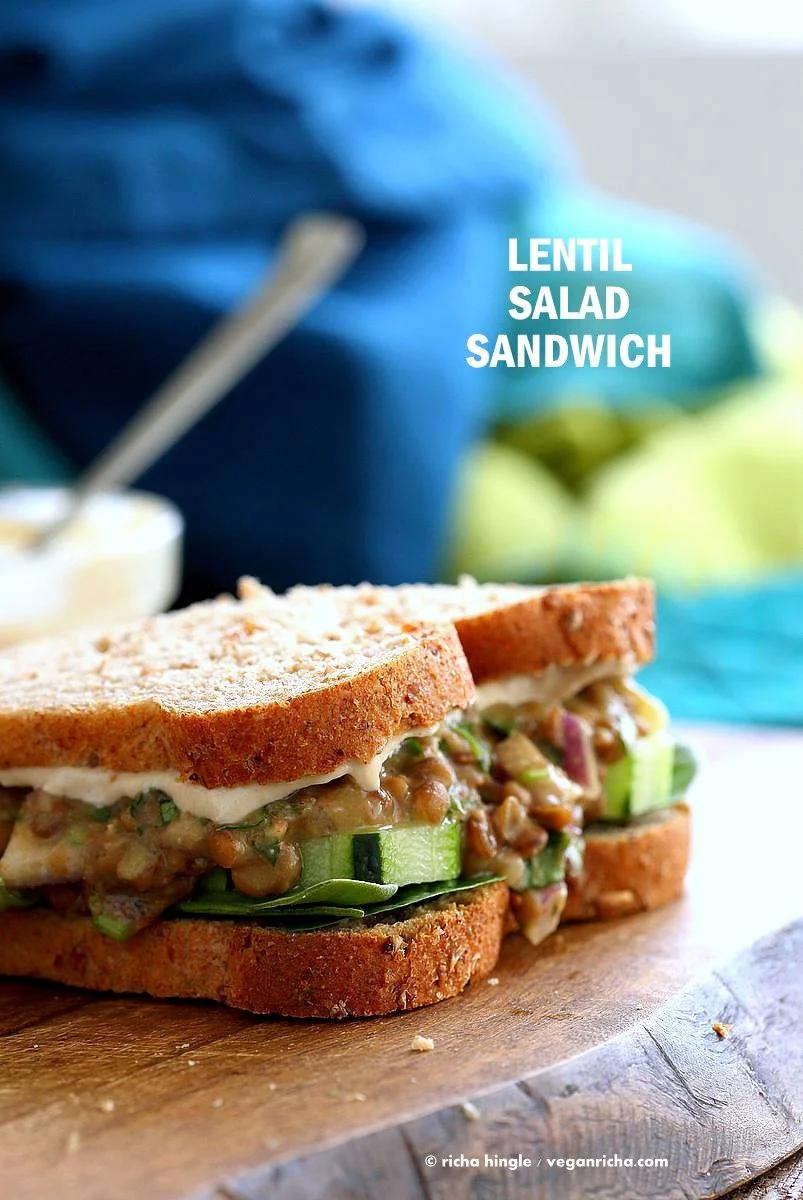 Falafel Spice Lentil Salad Sandwich with lemony tahini dressing. Lentils spiced with falafel spices & pickles, serve in sandwich or pita bread. | VeganRicha.com #lentils #sandwich #vegan #recipe