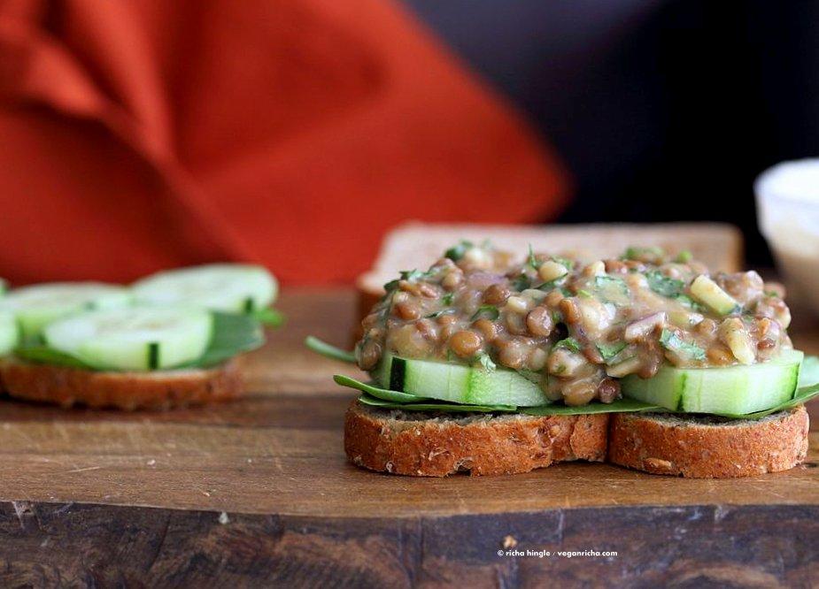 Falafel Spice Lentil Salad Sandwich with lemony tahini dressing. Lentils spiced with falafel spices & cucumber, serve in sandwich or pita bread. | VeganRicha.com #lentils #sandwich #vegan #recipe