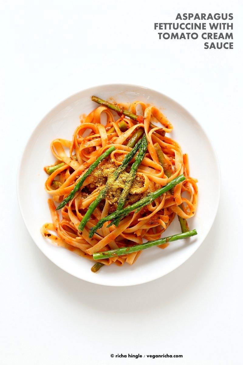 Fettuccine with Tomato Cream Sauce and Asparagus