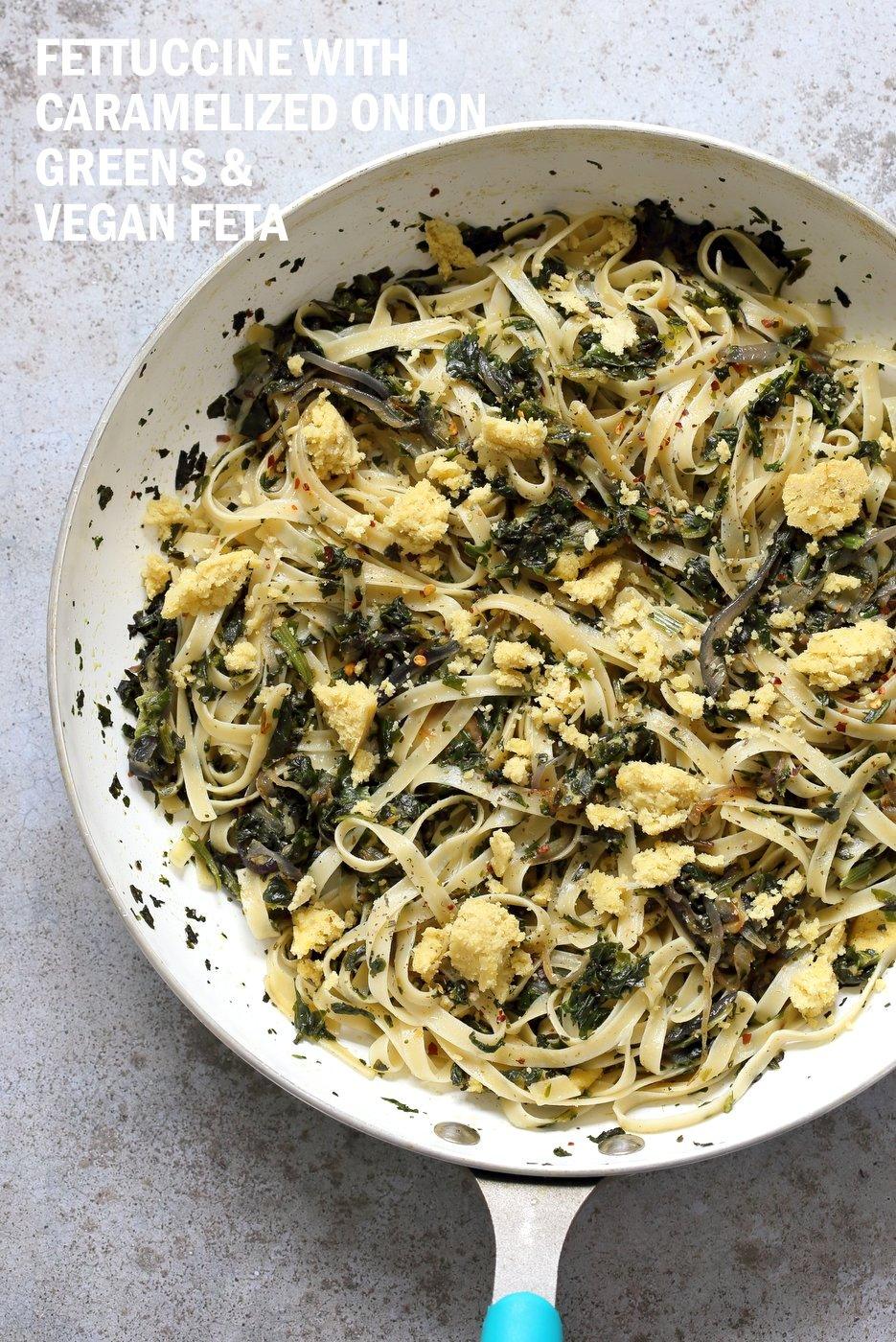 Fettuccine with Caramelized Onions, Greens and Vegan Feta