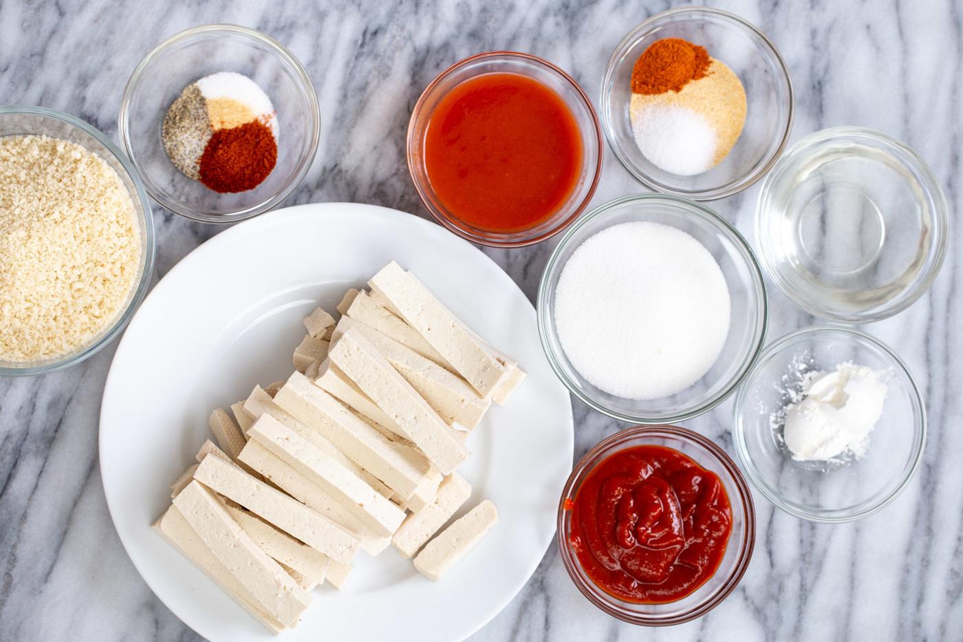 overhead shot of ingredients needed for making vegan firecracker tofu