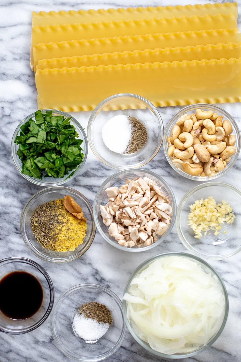 overhead shot of ingredients needed for making skillet lasagna