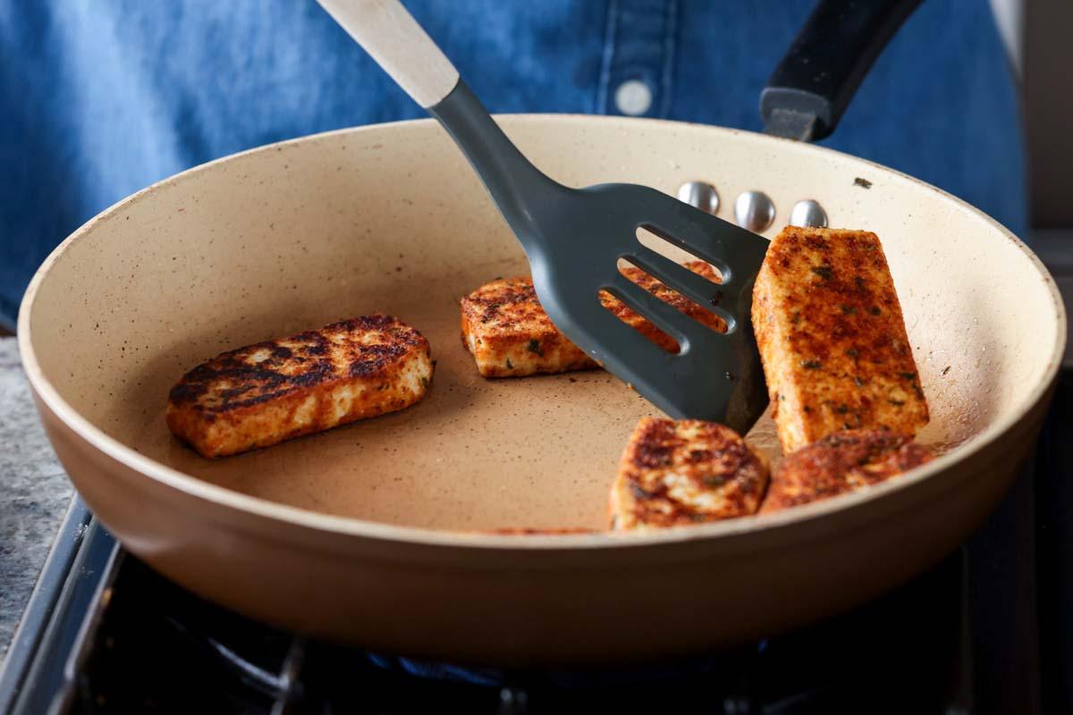 crispy tofu in the pan