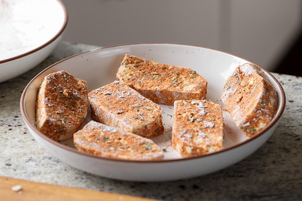 tofu coated in the cornstarch and spices