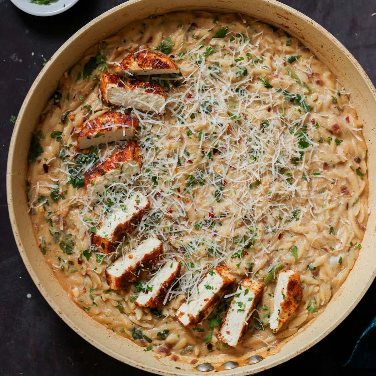 Garlic Parmesan Orzo Pasta with Pan Seared Paprika Tofu