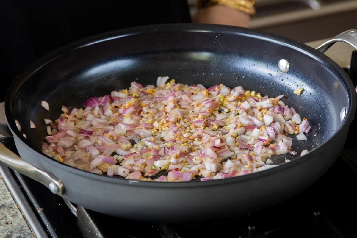 onions and garlic in the pan after cooking