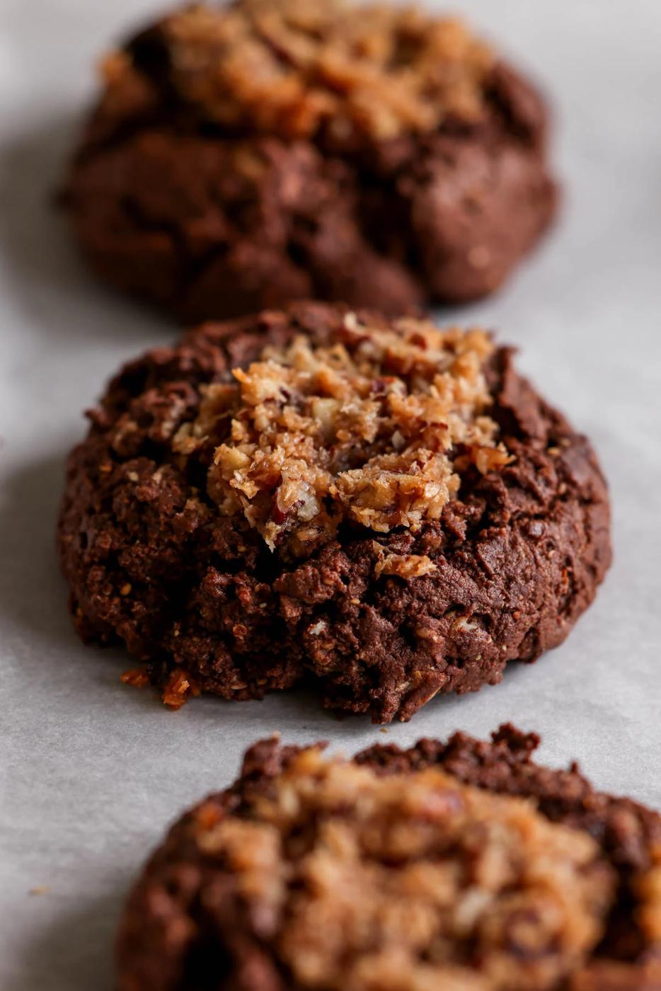 German chocolate cookie on the baking sheet after baking