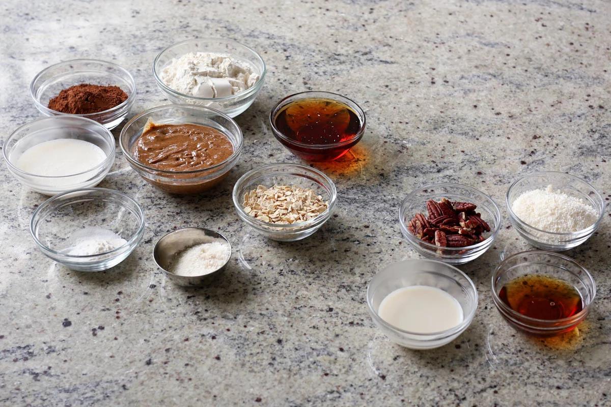 German chocolate cookie ingredients in bowls