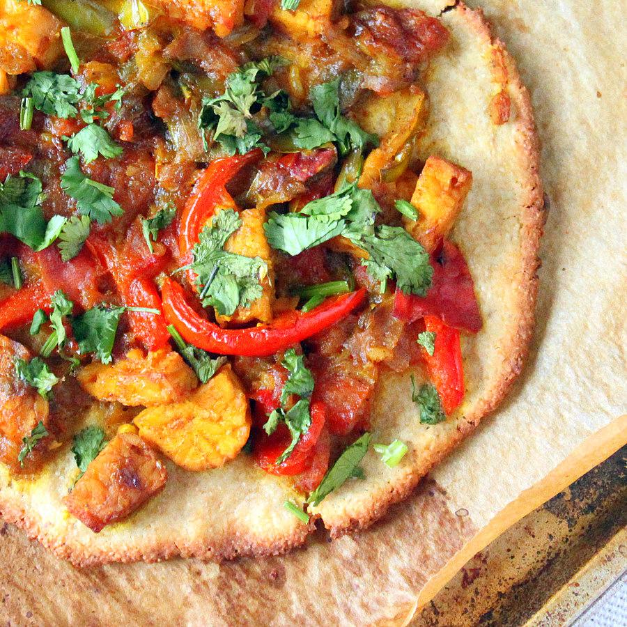 Tempeh curry and lentil Hummus Pizza