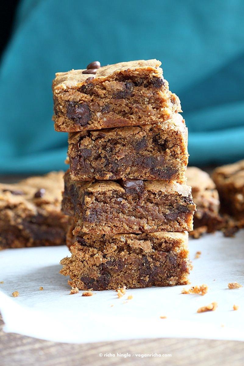 Gluten-free Almond Butter Blondies with Chocolate Chunks and Chocolate Chips. Gluten-Free Blondies Vegan Blonde Brownies. Peanut Butter Blondies. Soy-free Recipe | VeganRicha.com