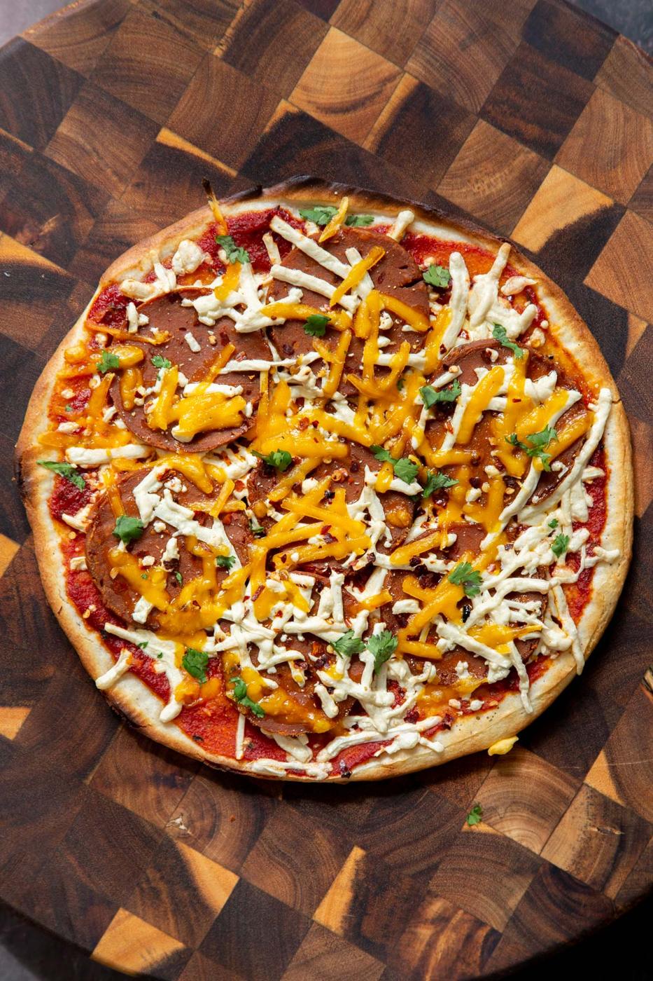 a vegan pepperoni pizza made with glutenfree almond flour pizza crust