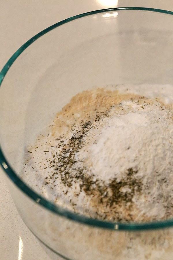 dry ingredients for gluten-free biscuits recipe in a glass bowl
