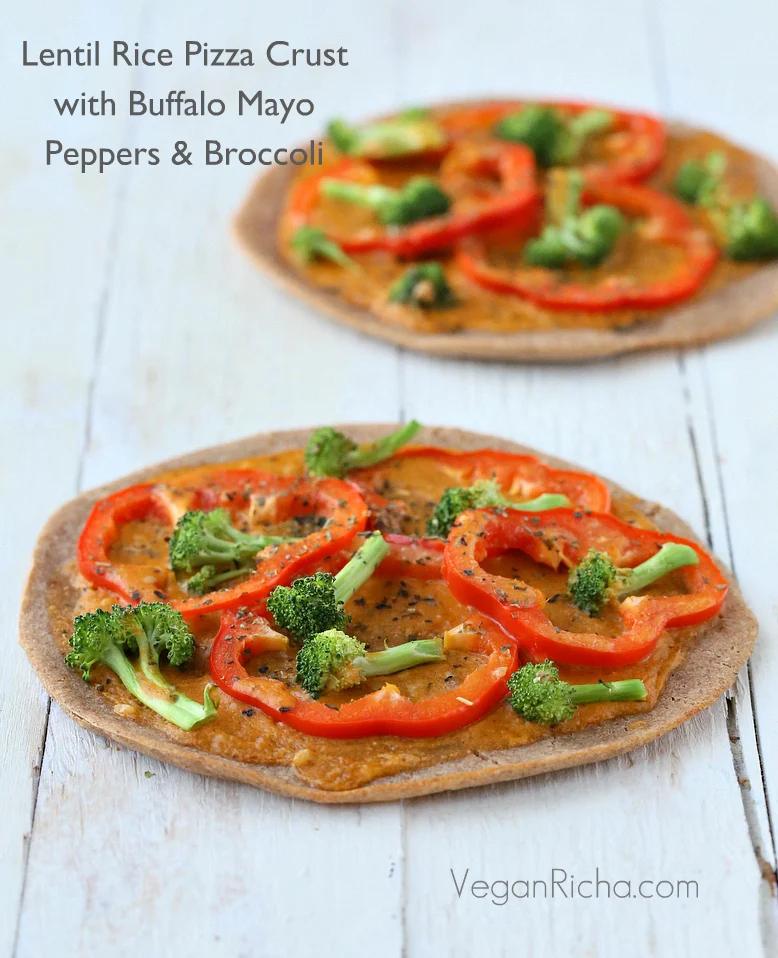 Gluten-free Lentil Rice Crust Pizza with Buffalo Mayo sauce, Red Bell Peppers and Broccoli. Vegan Gum-free Oil-free Recipe