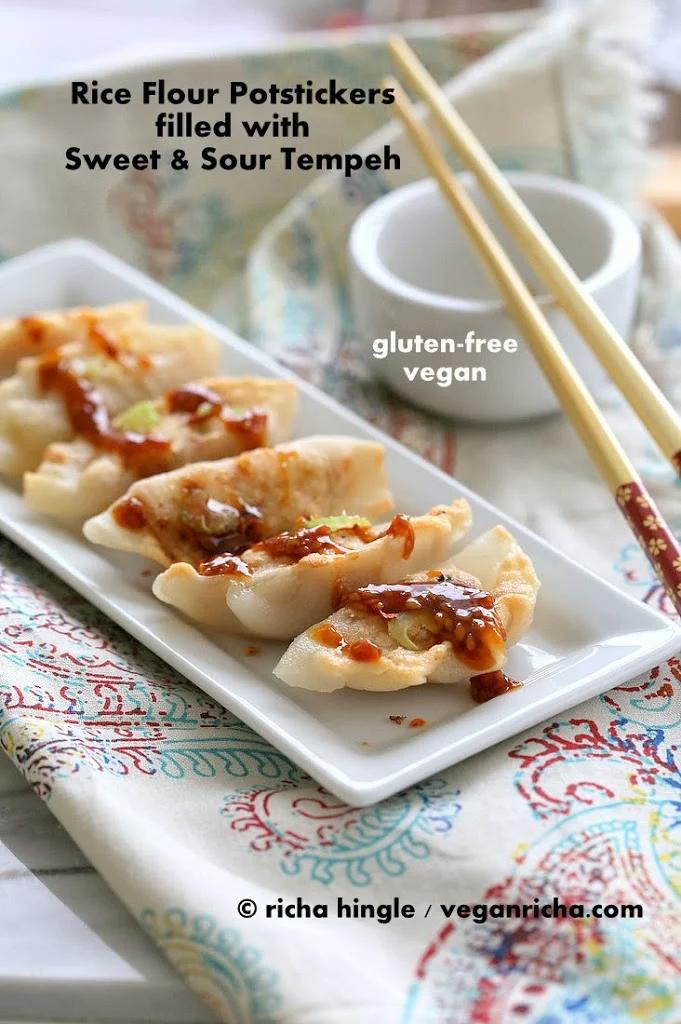 Gluten-free Potstickers filled with Sweet & Sour Tempeh and Celery. Vegan Gum-free Recipe