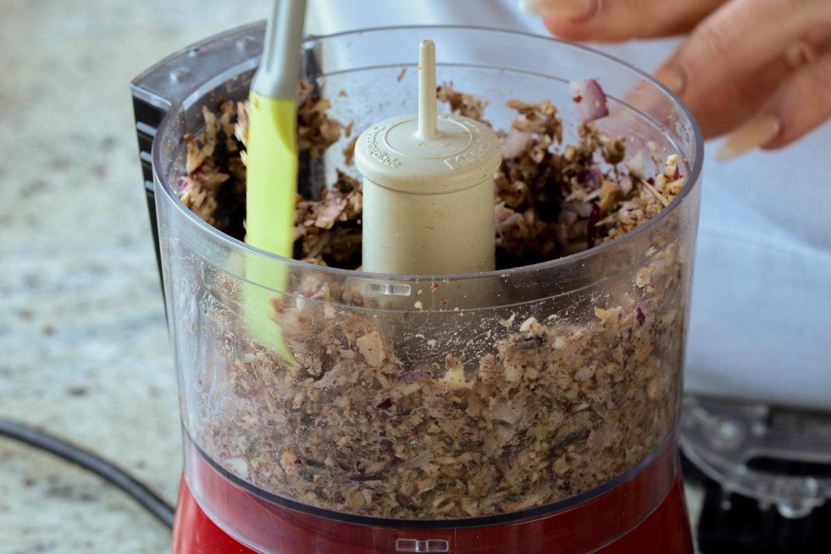 mushrooms and lentils in the food processor, after running