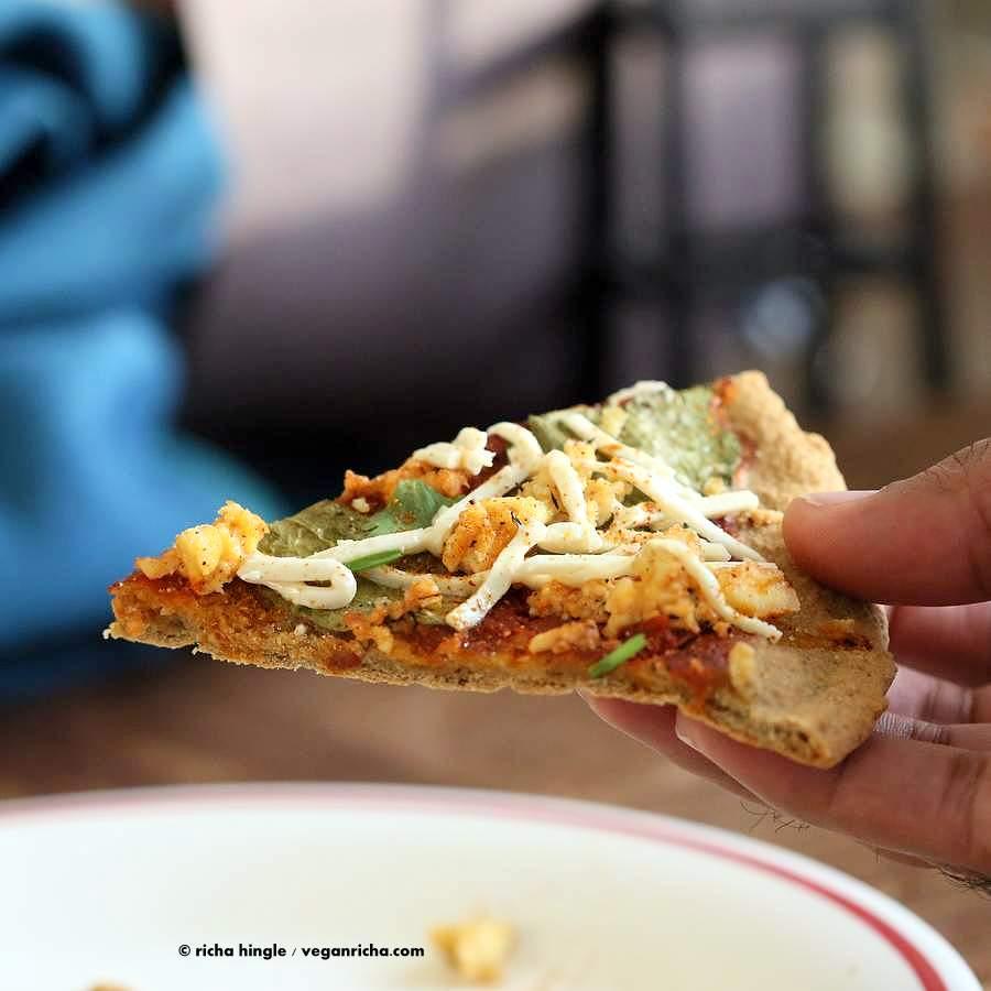 Gluten free Yeast free Vegan Pizza Crust Recipe. Easy Gluten-free Pizza Crust which is also Gum-free Soy-free and Nut-free | https://veganricha.com #glutenfree #vegan #pizza #yeastfree #chickpeaflour | Pitzn