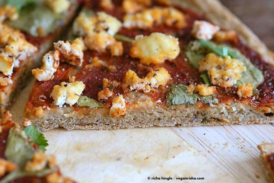 Gluten free Yeast free Vegan Pizza Crust Recipe. Easy Gluten-free Pizza Crust which is also Gum-free Soy-free and Nut-free | https://veganricha.com #glutenfree #vegan #pizza #yeastfree #chickpeaflour | Pitzn