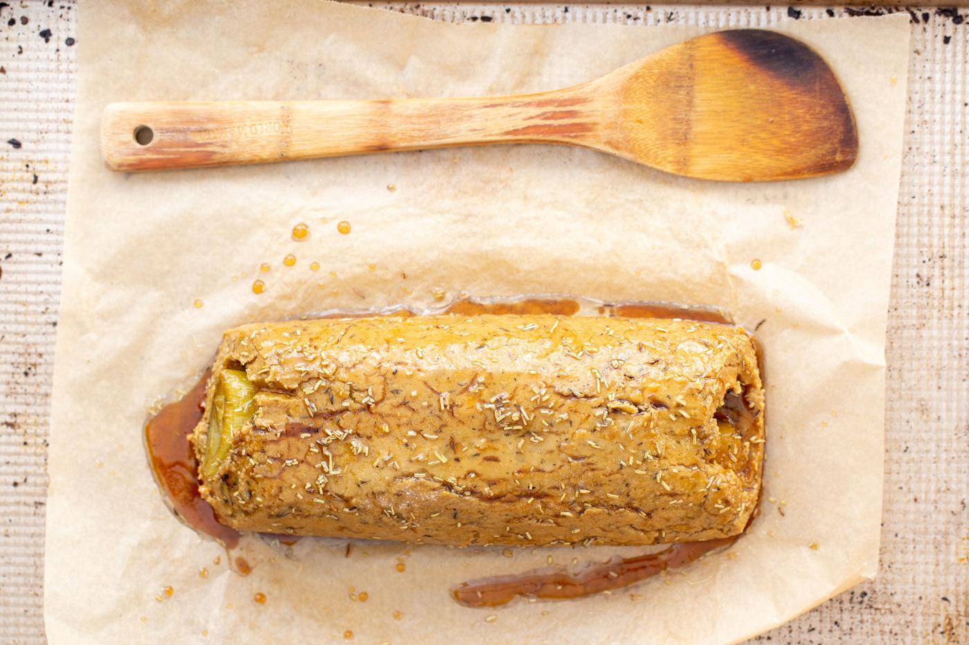 glazed vegan chickpea roast ready for baking