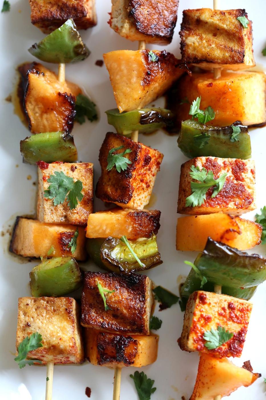 Gochugaru Baked Tofu, Melon, Pepper Veggie skewers with Chili Lime Sauce. Summer Vegetable kabobs.#Vegan #Glutenfree #Nutfree #Recipe. #veganricha