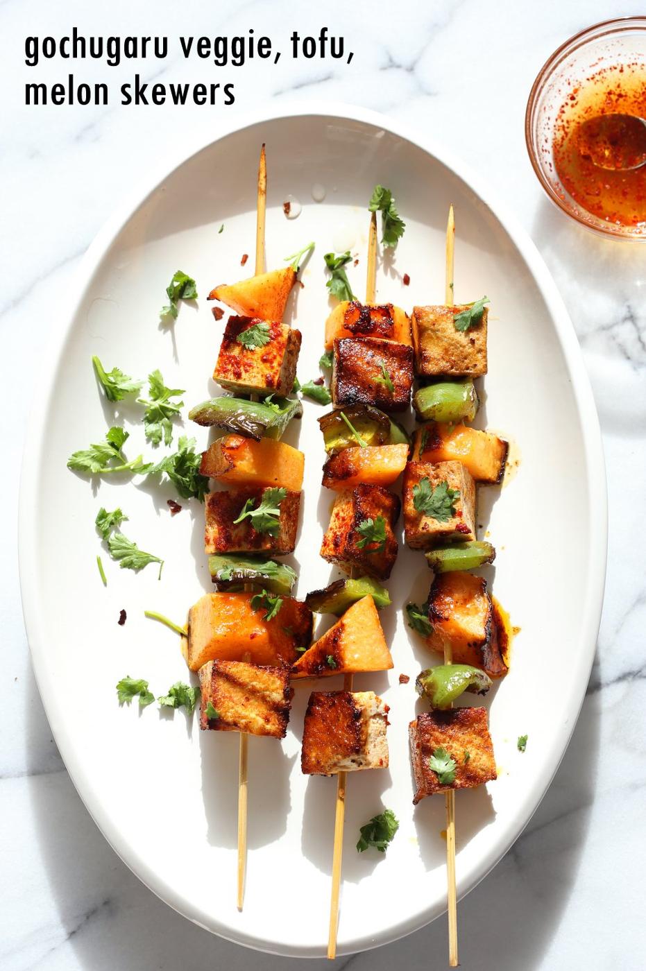 Gochugaru Baked Tofu, Melon, Veggie Skewers with Chili Lime Sauce