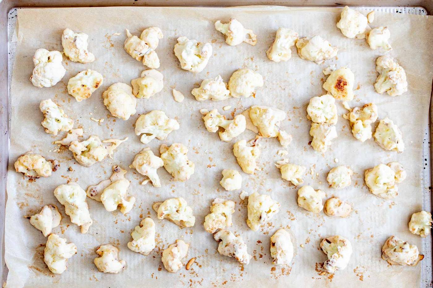 cauliflower on the baking sheet after baking
