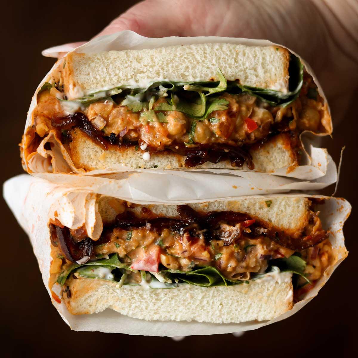 Gochujang Chickpea Salad Sandwich with Gochujang Caramelized Onions