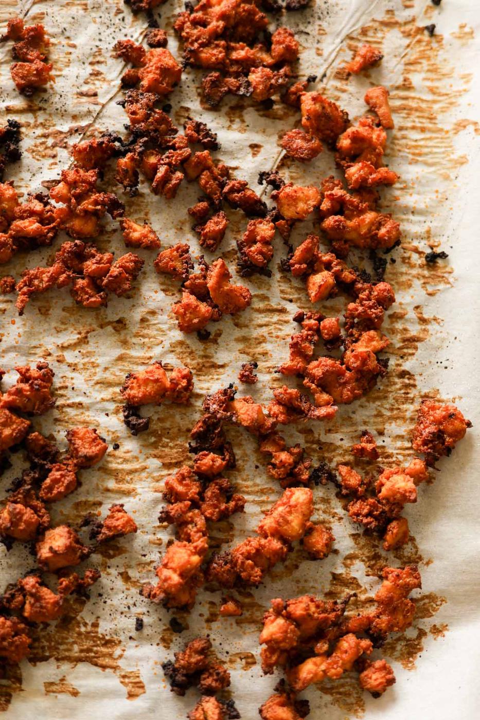 gochujang tofu on the baking sheet after baking