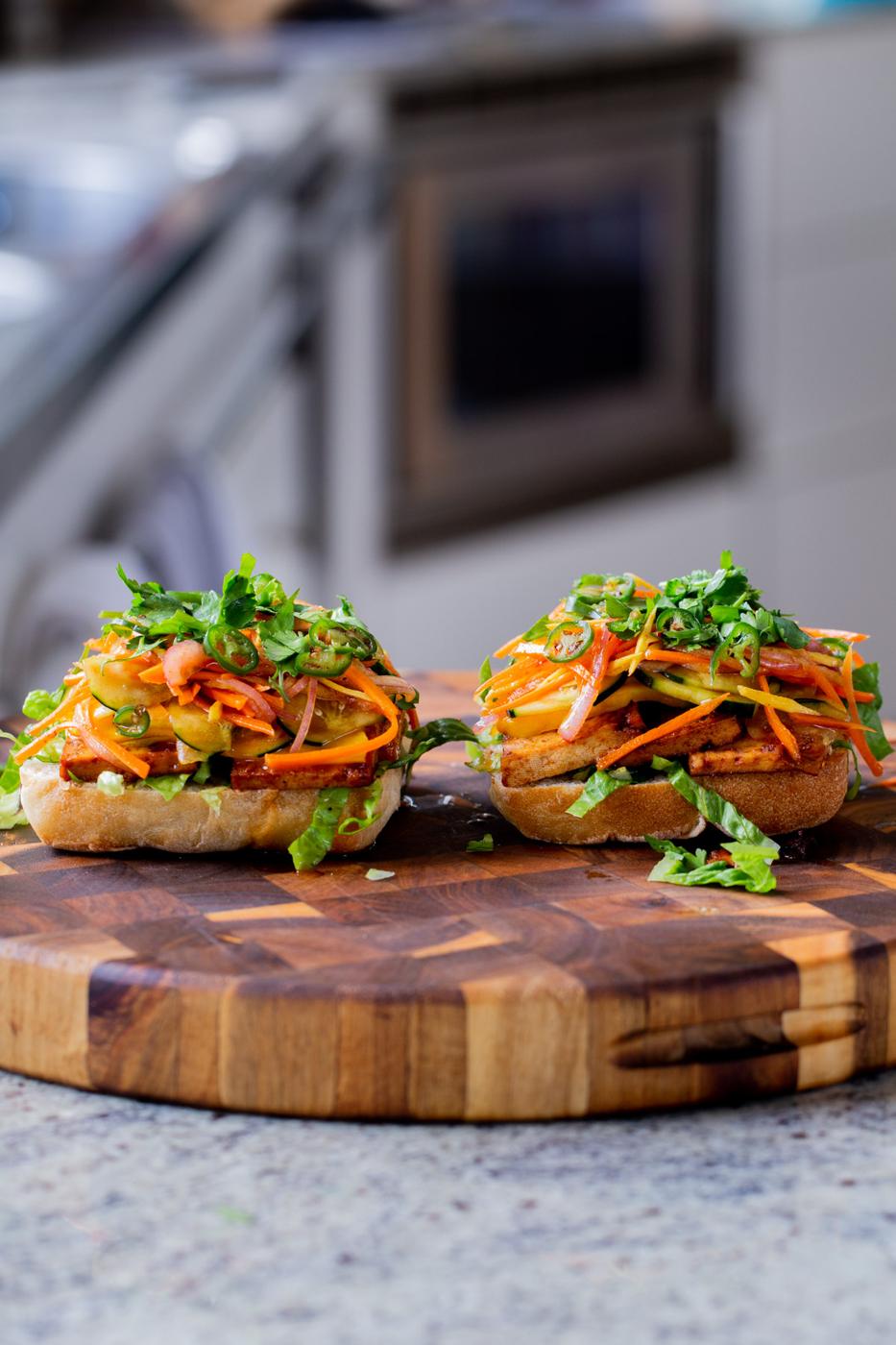 gochujang sandwich, open face so you can see all of the veggies and other toppings