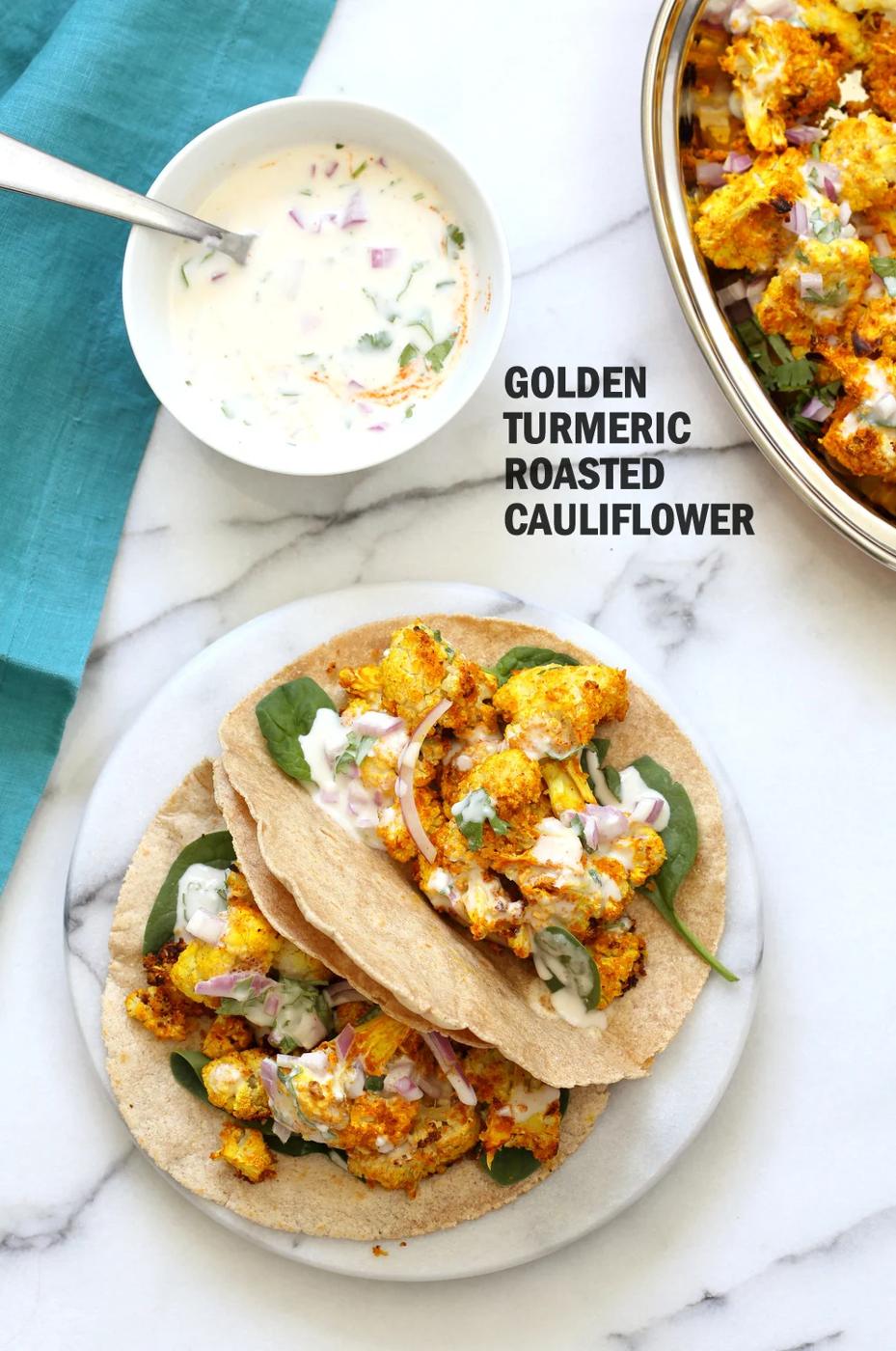 Golden Turmeric Roasted Cauliflower with Raita Dip