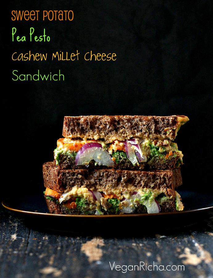 Vegan Grilled Nacho Cashew Millet Cheese, roasted Sweet Potato, Pea Pesto Sandwich