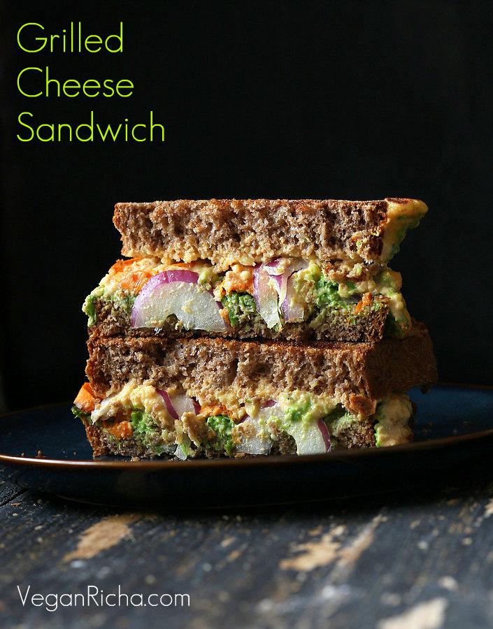 Grilled Nacho Cashew Millet Cheese Sandwich with Roasted Sweet Potato, Pea Pesto. Vegan Recipe