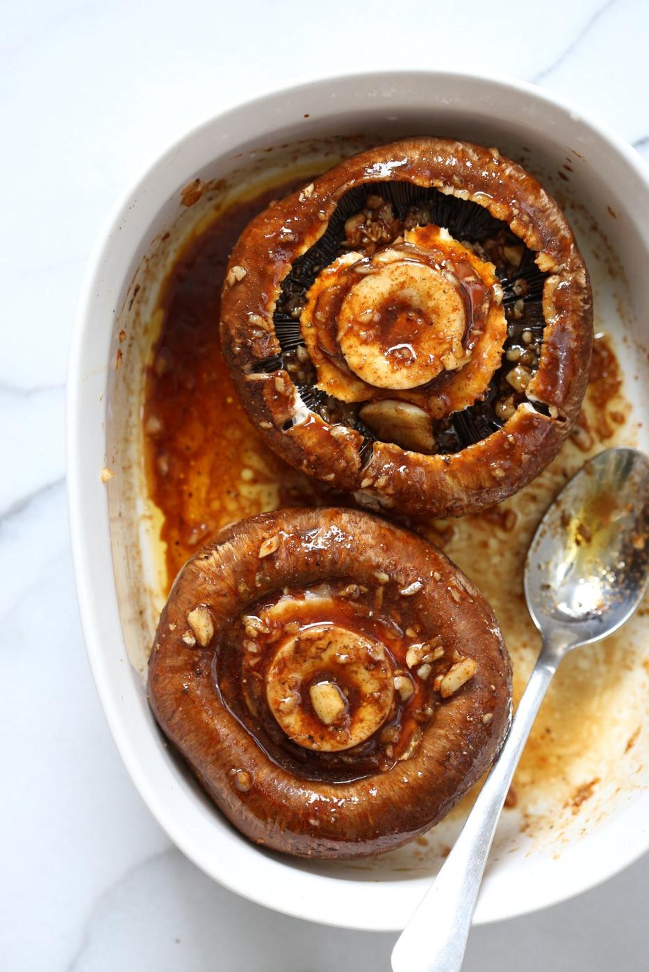 Grilled Portobello Mushrooms with Garlic Sauce. Grilled or Baked Marinated Portabella Mushrooms served with creamy gravy. #Vegan #Glutenfree #Recipe #veganricha | VeganRicha.com