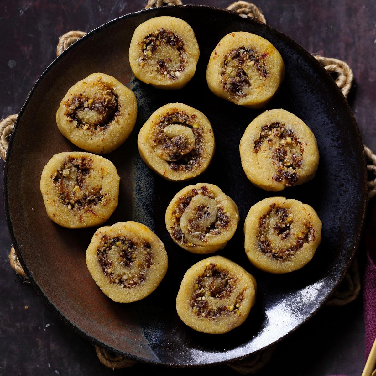 Gujiya Peda (Indian Fudge With Coconut Pistachio Raisin Swirls)