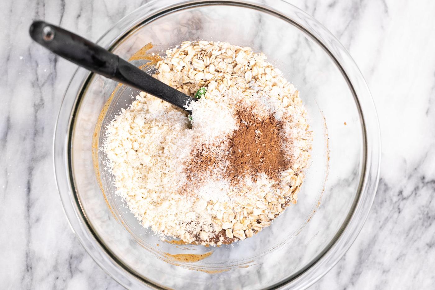 dry ingredients for crumble topping in a glass bowl