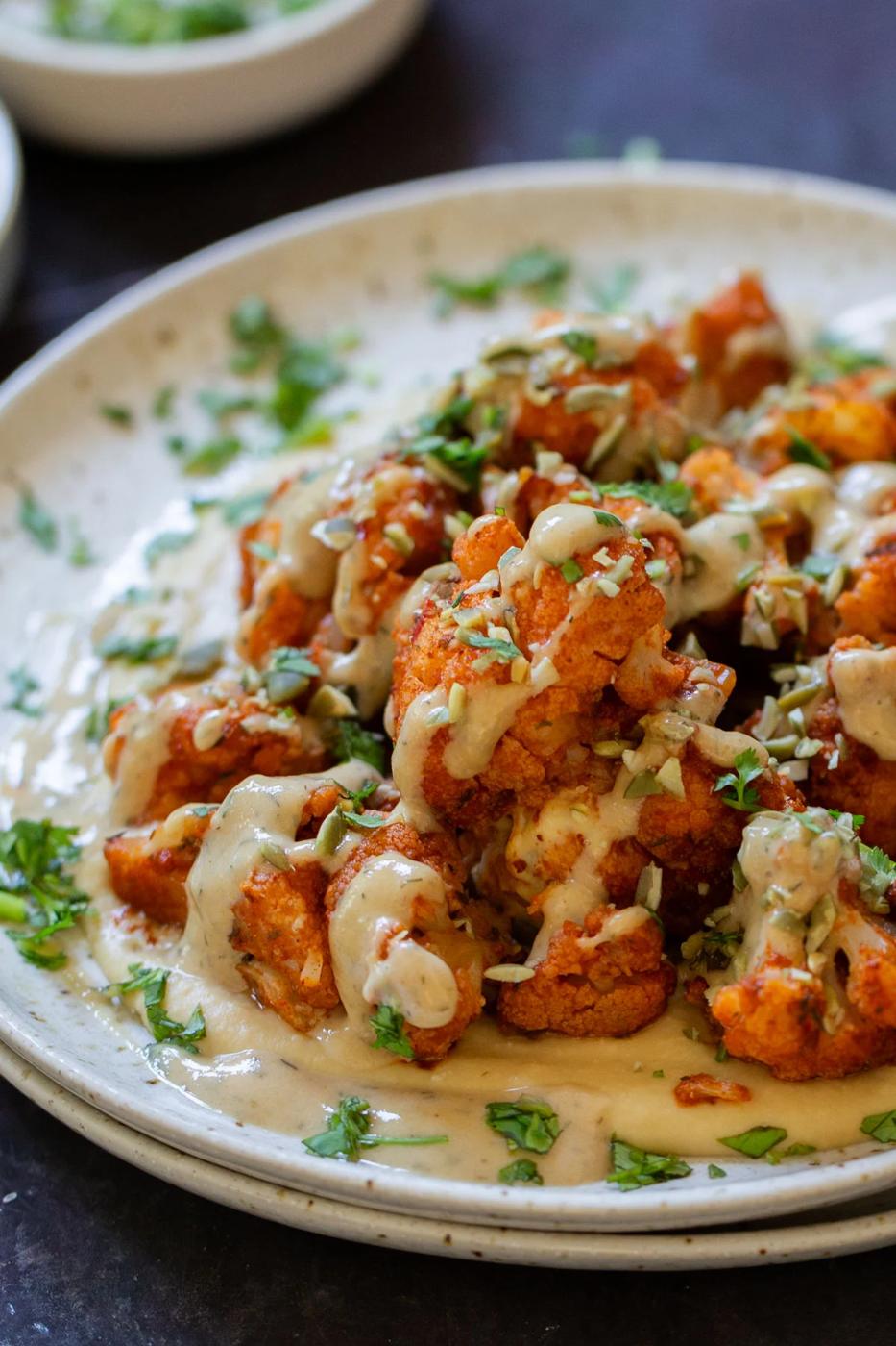 Harissa Cauliflower with Tahini Dill Dressing (30 minutes)