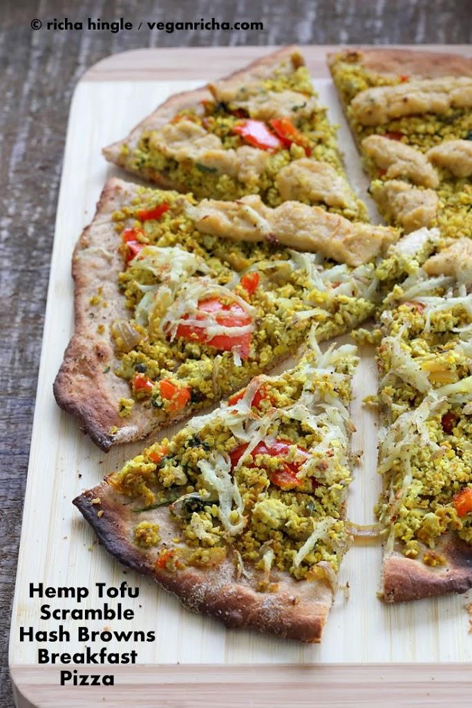 Hemp Tofu Scramble Breakfast Pizza topped with Hash Brown Potatoes. Vegan Recipe