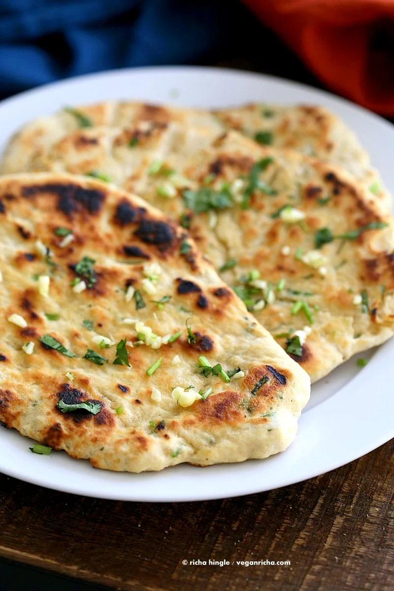 Garlic flatbread recipe No Yeast. This easy garlic herb flatbread has no yeast, doesn't need hours to rest, and has a secret ingredient. | VeganRicha.com #vegan #flatbread #recipe