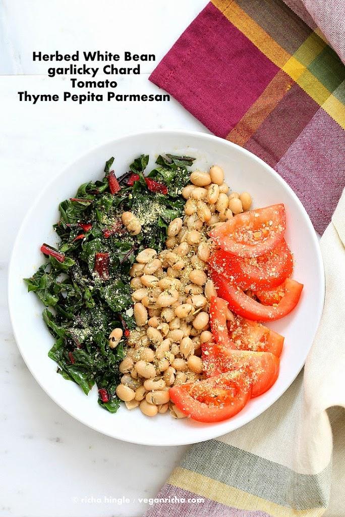 Herbed White Bean Rainbow Chard Thyme Pepita Parmesan Bowl. Vegan Recipe