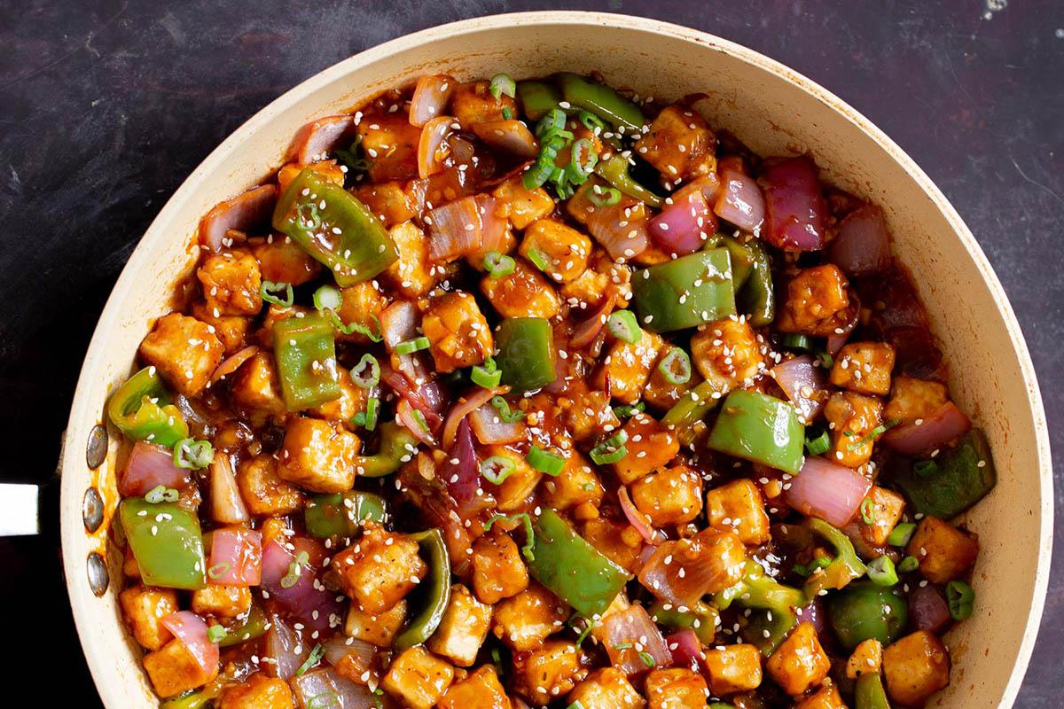 close-up of a pan of honey chili tofu