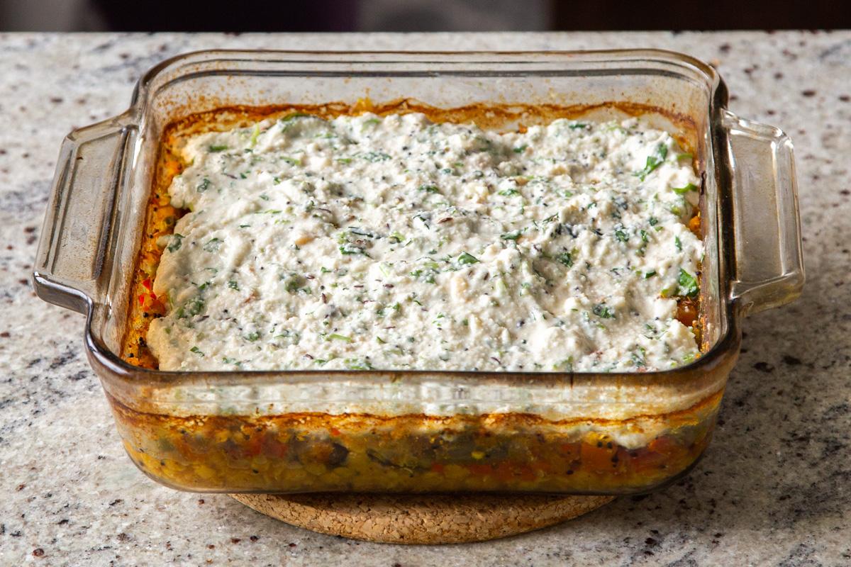 assembled Idli Sambhar casserole before baking