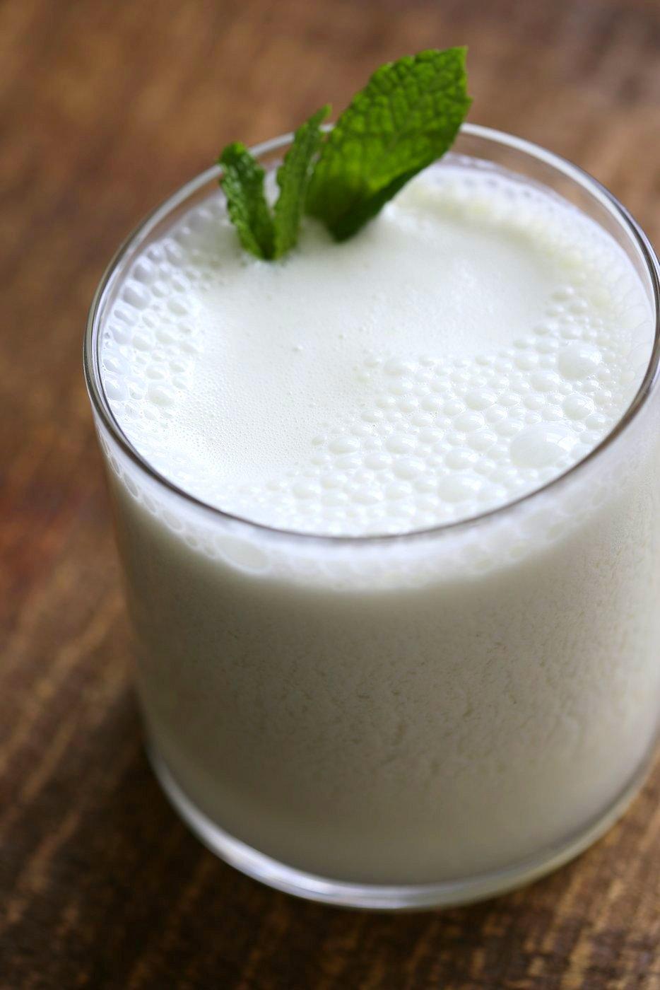 Indian Spiced Buttermilk Drink Chaas Recipe. Masala chaas. Savory Yogurt Drink with Mint, cumin and ice cubes. Indian Summer Beverage. Vegan Gluten-free Recipe | VeganRicha.com