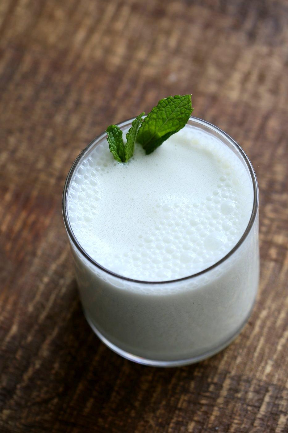 Indian Spiced Buttermilk Drink Chaas Recipe. Masala chaas. Savory Yogurt Drink with Mint, cumin and ice cubes. Indian Summer Beverage. Vegan Gluten-free Recipe | VeganRicha.com