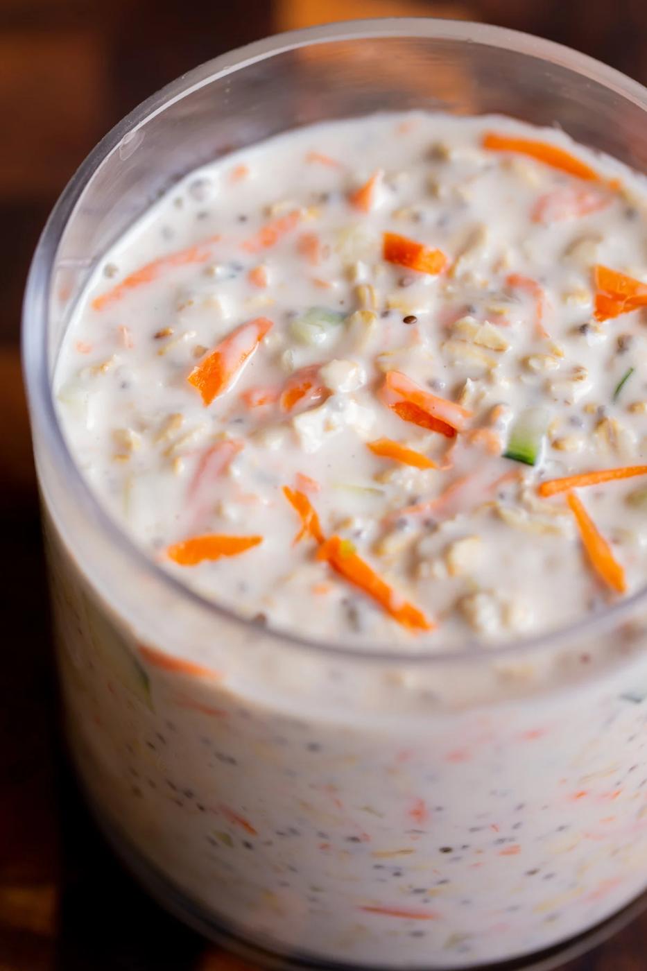 close-up of savory yogurt overnight oats in a jar